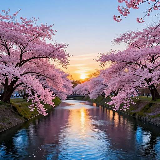Photograph of a serene river flanked by vibrant pink cherry blossom trees, reflecting a stunning sunset with a gradient sky from blue to orange.
