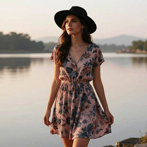 Woman in Boho Floral Dress by Lake at Sunrise