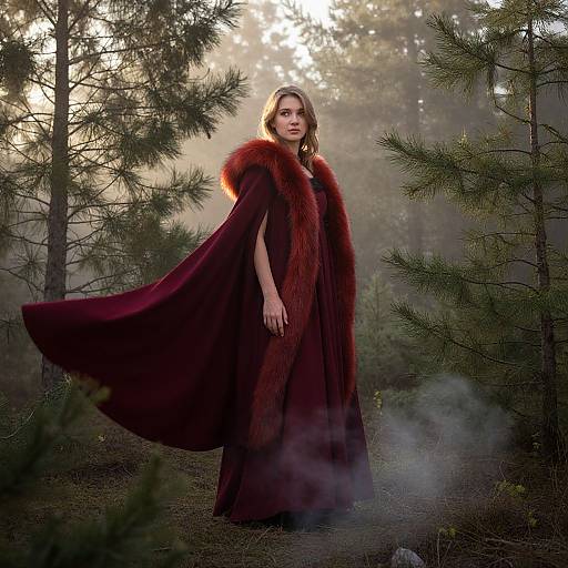 Photograph of a woman in a deep red, fur-trimmed cape standing in a misty forest, sunlight filtering through trees.