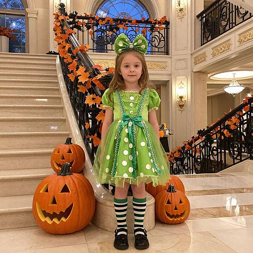 Photograph of a young girl in a green polka-dot Halloween dress, striped socks, and green bow headband, standing in front of carved pump