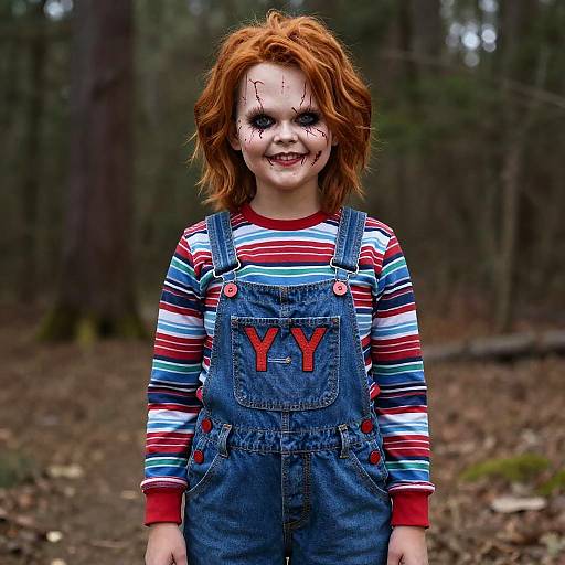 Photograph of a young girl with red, messy hair, painted white face, black eyes, smiling, wearing striped shirt and blue denim overalls with