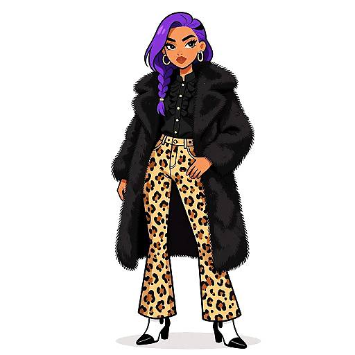 Digital illustration of a confident woman with purple braided hair, wearing a black fur coat, leopard print pants, and black shoes.