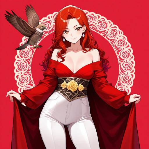 Charming Lady in Red with Hawk Charming Lady in Red with Hawk
