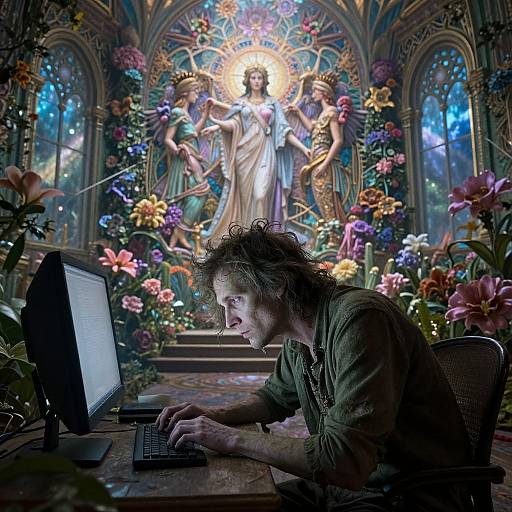 Photograph of a disheveled man typing on a laptop in a vibrant, floral, gothic cathedral, with a radiant, angelic figure and