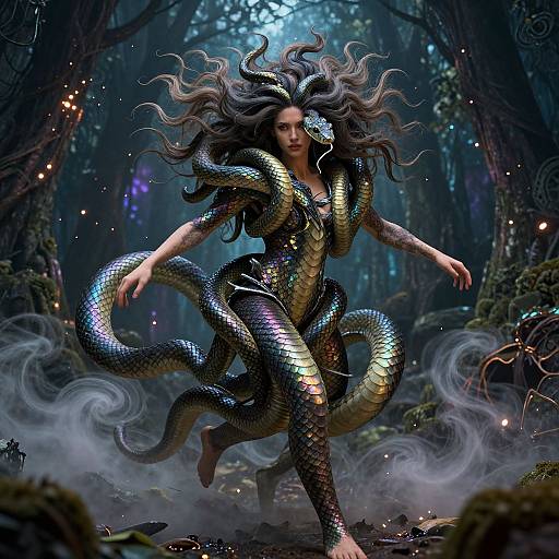 Digital fantasy artwork of a snake-woman with iridescent scales, wild dark hair, and a serpentine lower body, dancing in a mystical