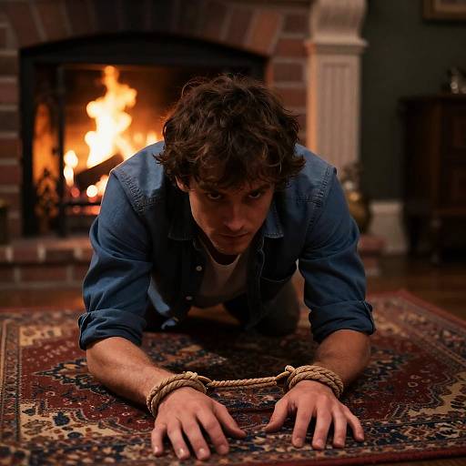 Man Bound Before a Cozy Fireplace