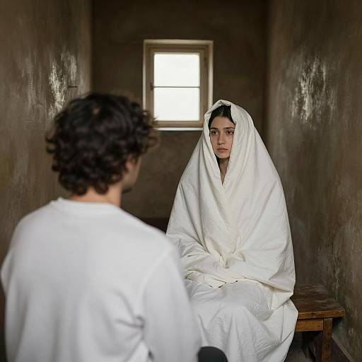 Woman Wrapped in White Sheet Facing Man in Dim Room