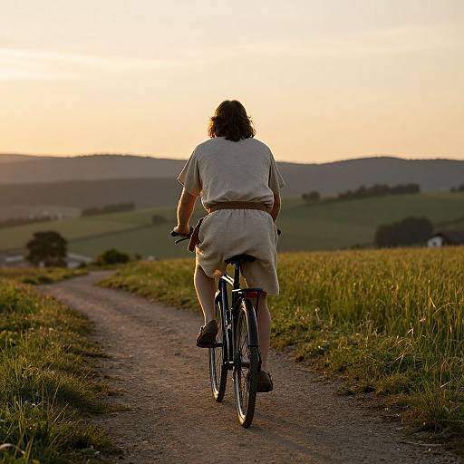 Photograph of a person with curly hair, wearing a beige tunic and shorts, riding a bicycle down a dirt path at sunset, with rolling green