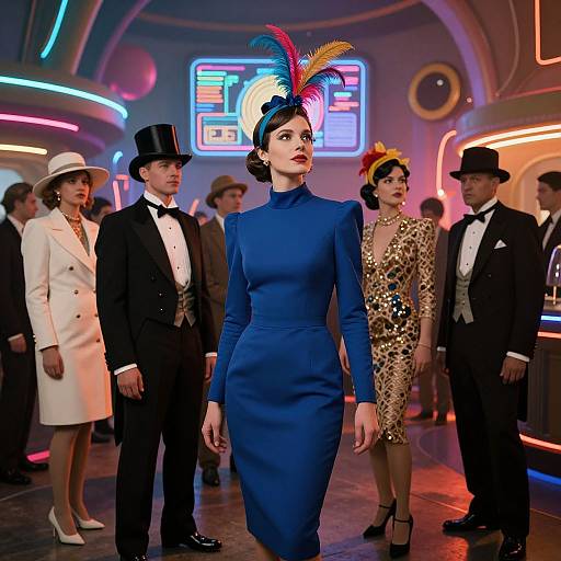 Photograph of 1950s-style party: woman in blue dress and colorful feather hat stands center, surrounded by men in tuxedos and