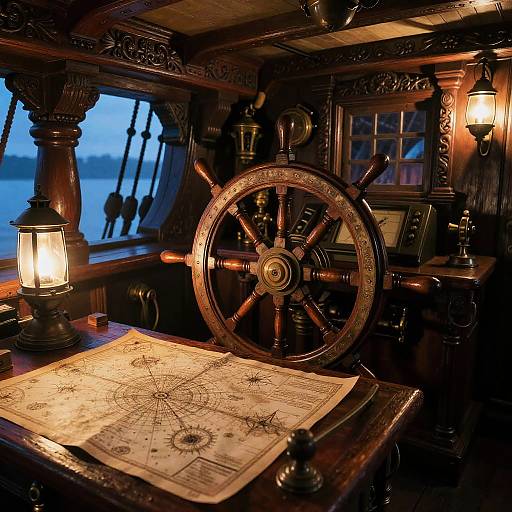 Dimly lit, vintage ship's cabin with ornate wooden wheel, illuminated lanterns, nautical chart on polished table, and evening sea view.