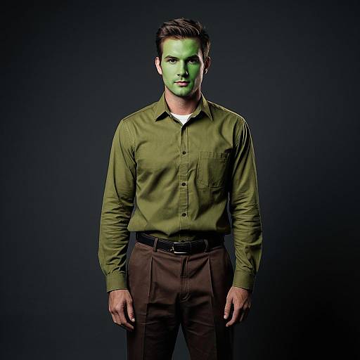 Man with Green Face Paint in Olive Shirt
