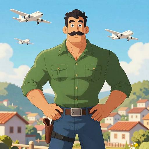 Muscular Man with Airplanes Over Town