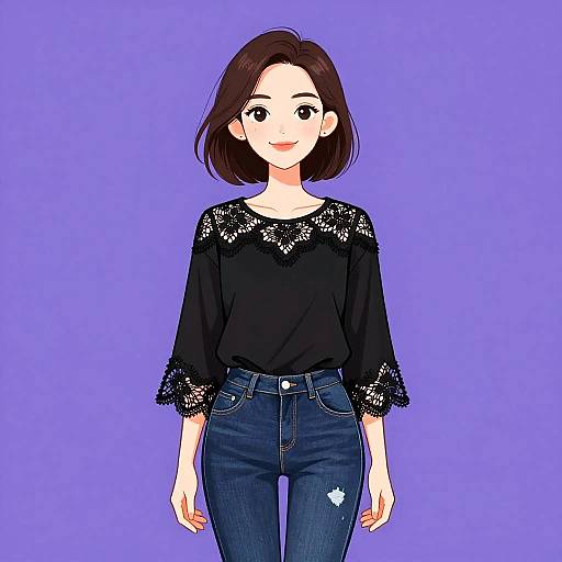 Digital anime-style drawing of a young woman with short brown hair, black lace-trimmed top, and blue jeans, against a solid purple background.