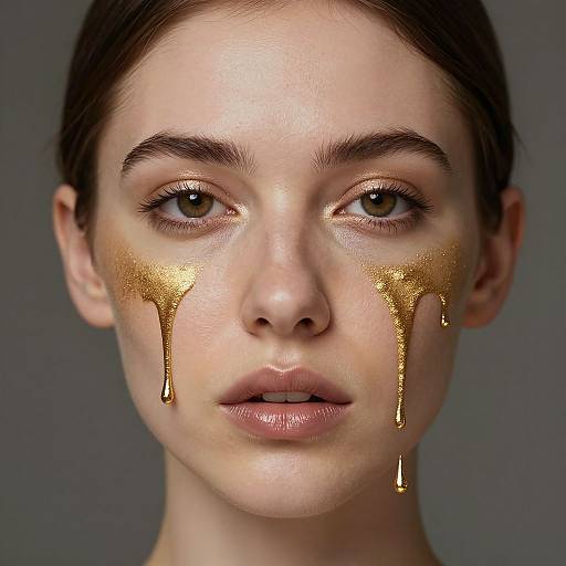 Photograph of a young woman with fair skin, brown eyes, and dark hair, face adorned with golden honey dripping down her cheeks against a gray background