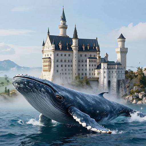 Photorealistic digital artwork of a massive blue whale surfacing in front of a majestic, medieval castle surrounded by misty water.