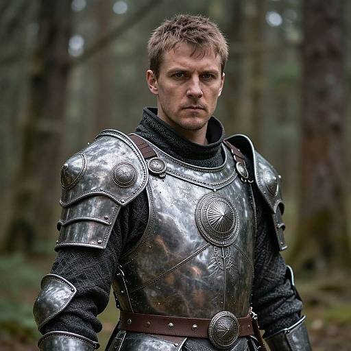 Photograph of a determined, short-haired man in medieval-style, shiny silver armor with intricate circular designs, standing in a misty forest.