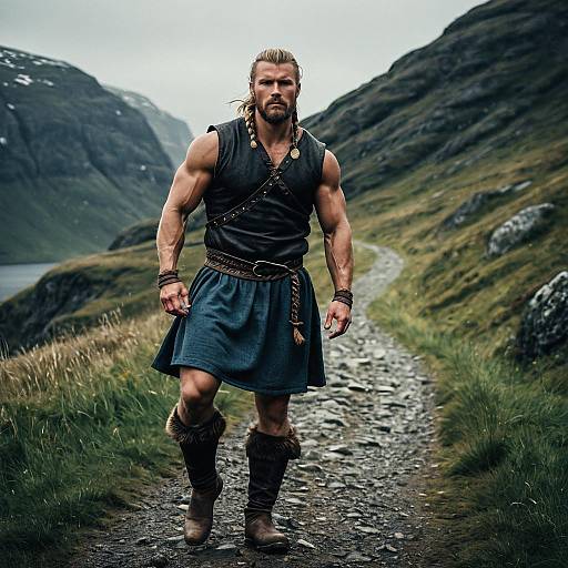 Muscular Viking Man on Mountain Trail