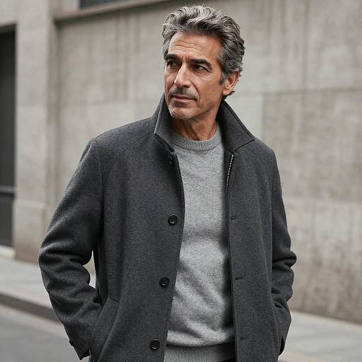 Photograph of middle-aged man with salt-and-pepper hair, wearing gray sweater and black coat, standing against a concrete wall. Hands in pockets,