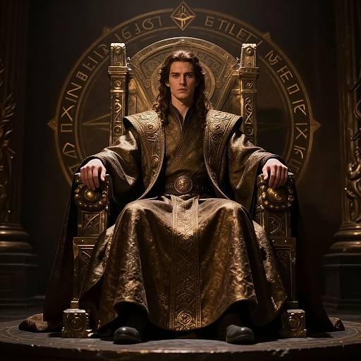 Photograph of a long-haired man in ornate, gold-embroidered robes, seated on a grand, gold throne with intricate designs, against