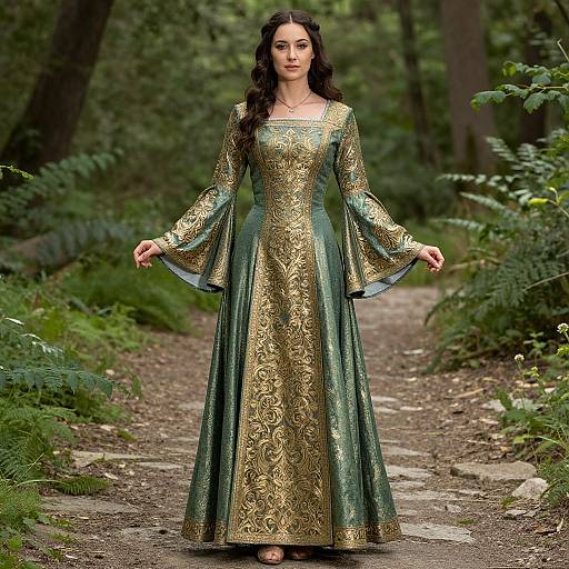 Photograph of a fair-skinned woman with long black hair, wearing an ornate, gold and green medieval-style gown, standing on a forest path