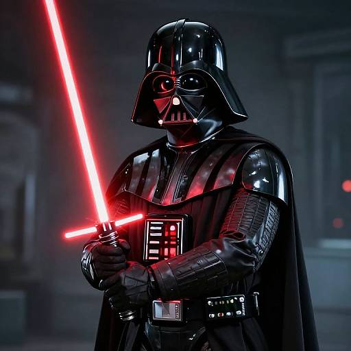 Digital CGI of Darth Vader holding a glowing red lightsaber, standing in a dark, futuristic spaceship interior. He wears his iconic black, glossy armor and