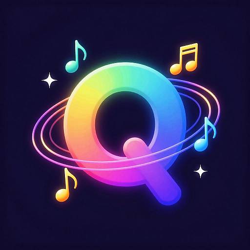 Digital illustration of a vibrant, rainbow-colored, circular music note surrounded by neon musical notes and star-like sparkles on a black background.