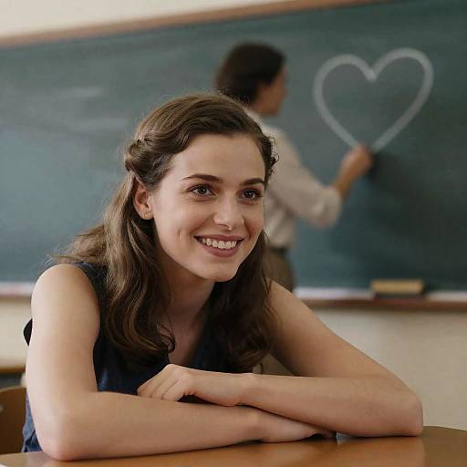 Smiling Woman in Classroom with Heart on Blackboard