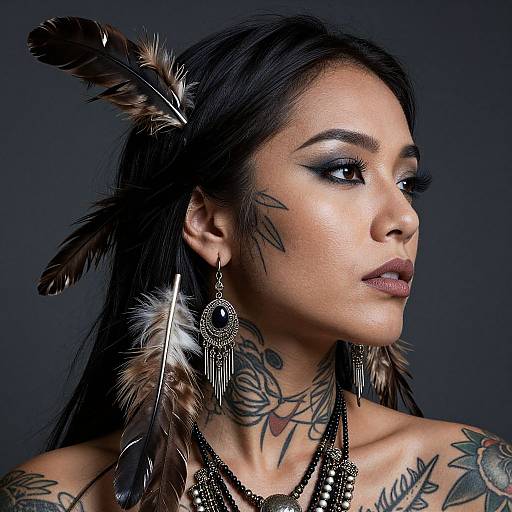 Photograph of a tattooed woman with long black hair, feather headpiece, and large dangling earrings, looking to the side against a dark background.