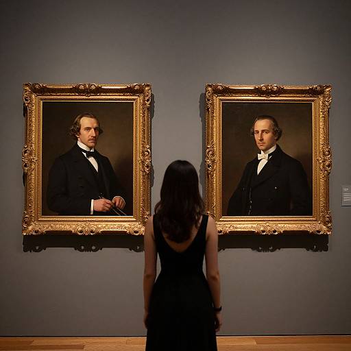 Photograph of a woman with long black hair, back to camera, standing before two identical framed portraits of a suited man on a gray wall.