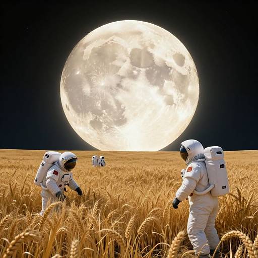 Photograph of two astronauts in white spacesuits walking through a golden wheat field, with a massive, bright full moon dominating the dark night sky behind them