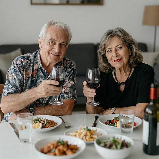 Senior Couple Toasting with Red Wine at Dinner