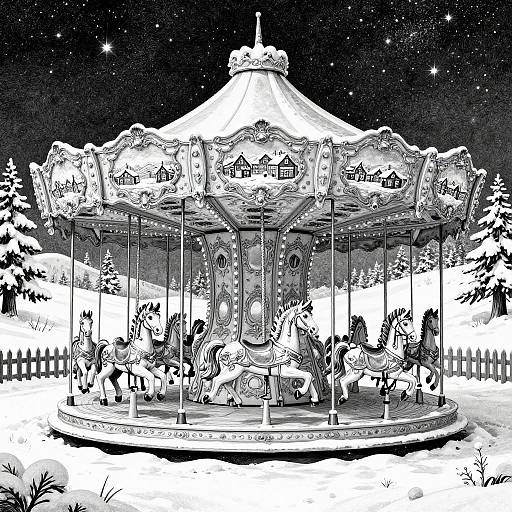 Black-and-white illustration of a snowy, starry night carousel with ornate horses, intricate details, and a starry sky backdrop.