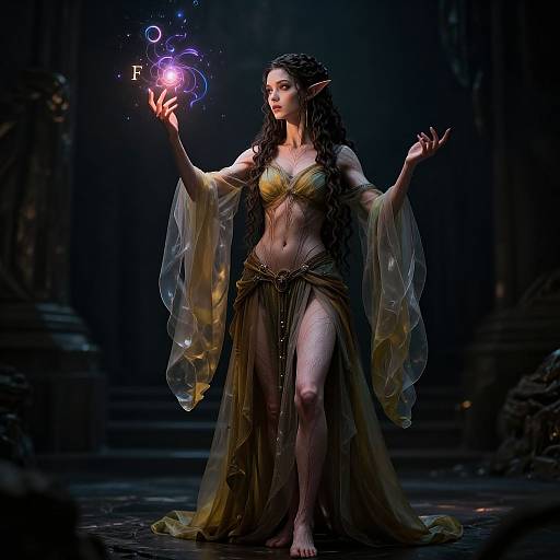 Digital fantasy art of an elf woman with long black hair, glowing runes, wearing a gold-braided top and translucent, flowing skirt, in a