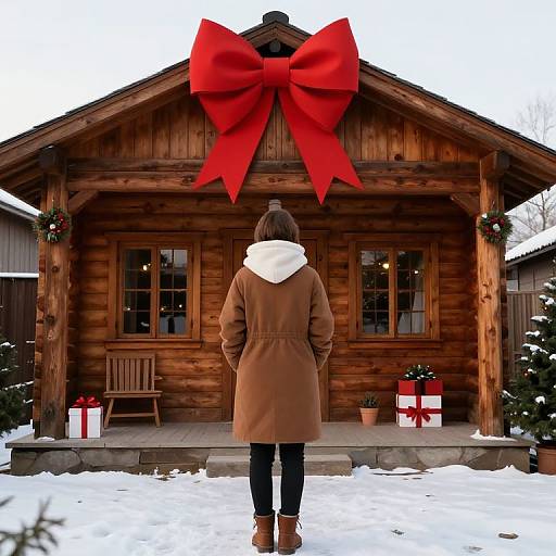 Person in Front of Festive Wooden House