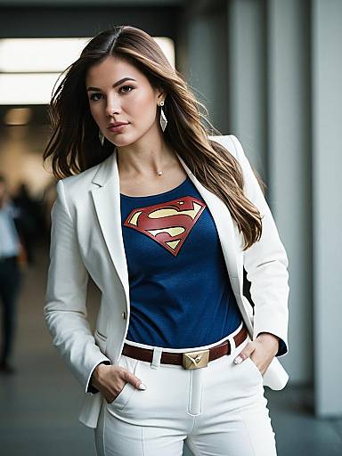 Stylish Woman in White Suit with Superman Shirt