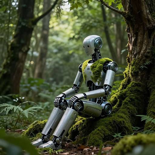 Photograph of a silver robotic humanoid sitting on moss-covered tree roots in a lush, green forest with sunlight filtering through.