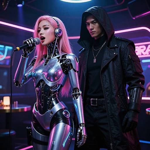 Cyberpunk Duo in Neon Karaoke Lounge