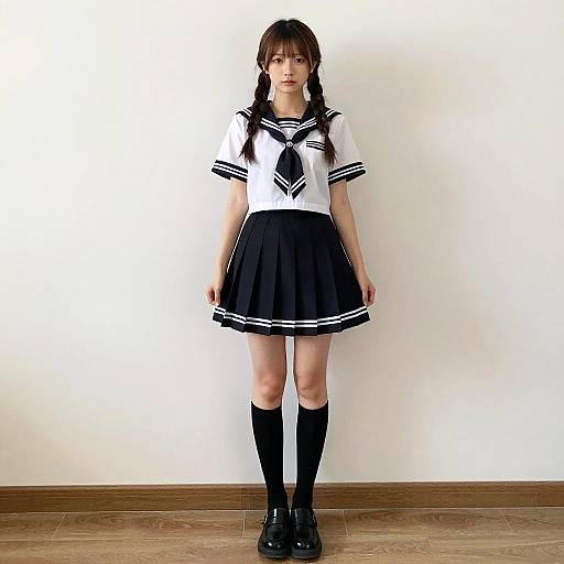 Photograph of an Asian teenage girl in a traditional Japanese school uniform: white sailor top, black pleated skirt, black knee-high socks, black shoes