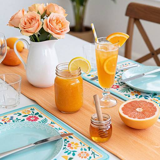 Bright breakfast table with orange mimosas, peach roses, jar with honey, half grapefruit, glass, and floral plates on a wooden table.