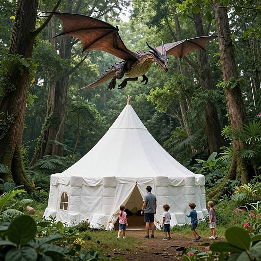 Photograph: A white canvas tent in a dense, lush forest with towering trees. A dragon with dark wings and purple scales hovers above, three