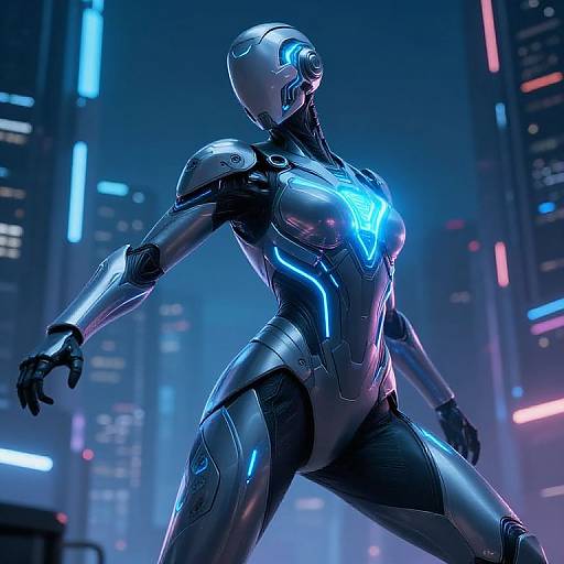 CGI image of a sleek, silver, glowing cybernetic woman with blue neon lights, standing confidently in a futuristic cityscape at night.