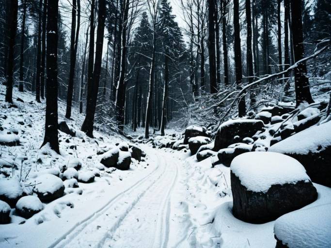 Snowy Path through a Dark Winter Forest