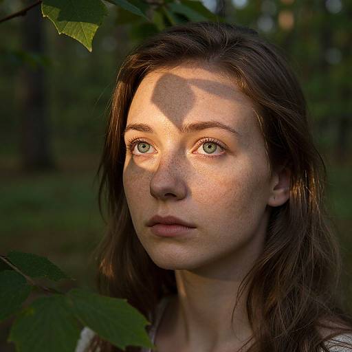 Photograph of a young woman with freckles and green eyes, illuminated by sunlight filtering through leaves in a forest.