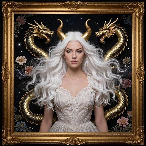 Digital artwork of a white-haired woman with golden dragon heads, wearing a lace dress, framed in an ornate gold frame.