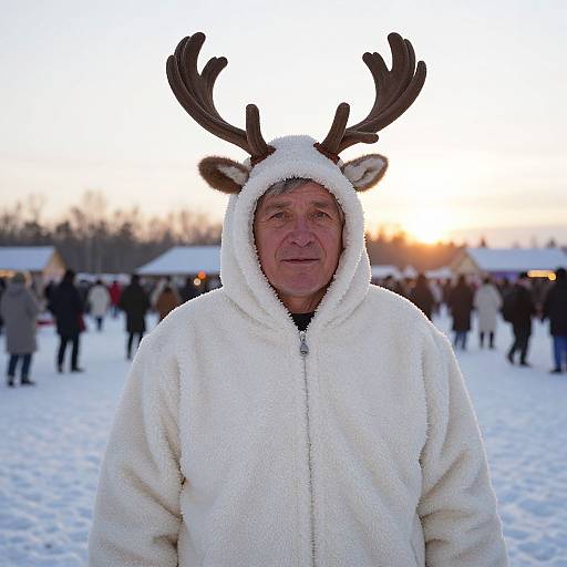 Photograph of an elderly man in a white, fluffy reindeer onesie with antlers, standing in a snowy outdoor festival at sunset, surrounded by