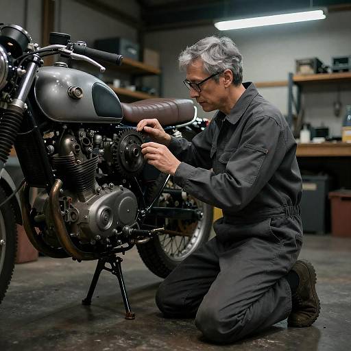 Middle-Aged Mechanic Examining Vintage Motorcycle