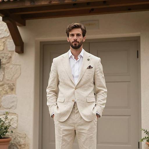 Man in Cream Linen Suit Standing Outdoors