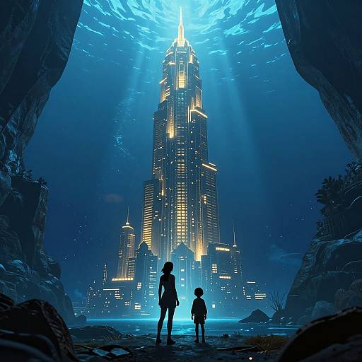 Digital art: Silhouetted figure and child stand in cave entrance, gazing at glowing, towering futuristic skyscraper with luminous lights and blue