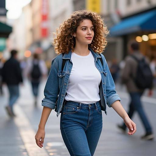 Photograph of a curly-haired woman with medium brown skin, wearing a white t-shirt, blue denim jacket, and high-waisted jeans, walking