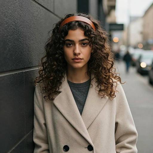 Photograph of a young woman with curly brown hair, wearing a beige coat, red headband, and gray shirt, standing against a black wall in